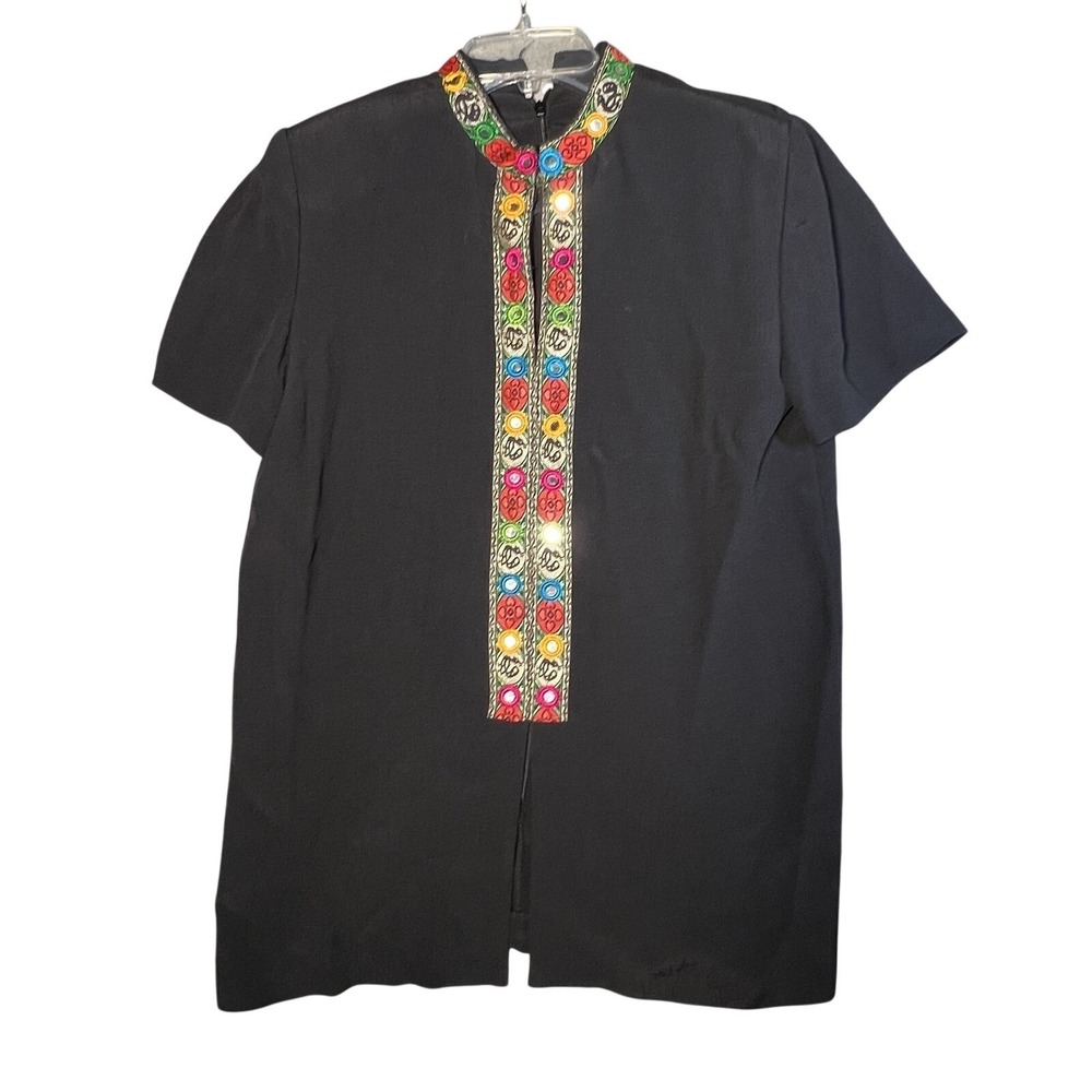 JOHN ROBERTS Black Embroidered Tunic Top Blouse Women's Large Mirror Accents